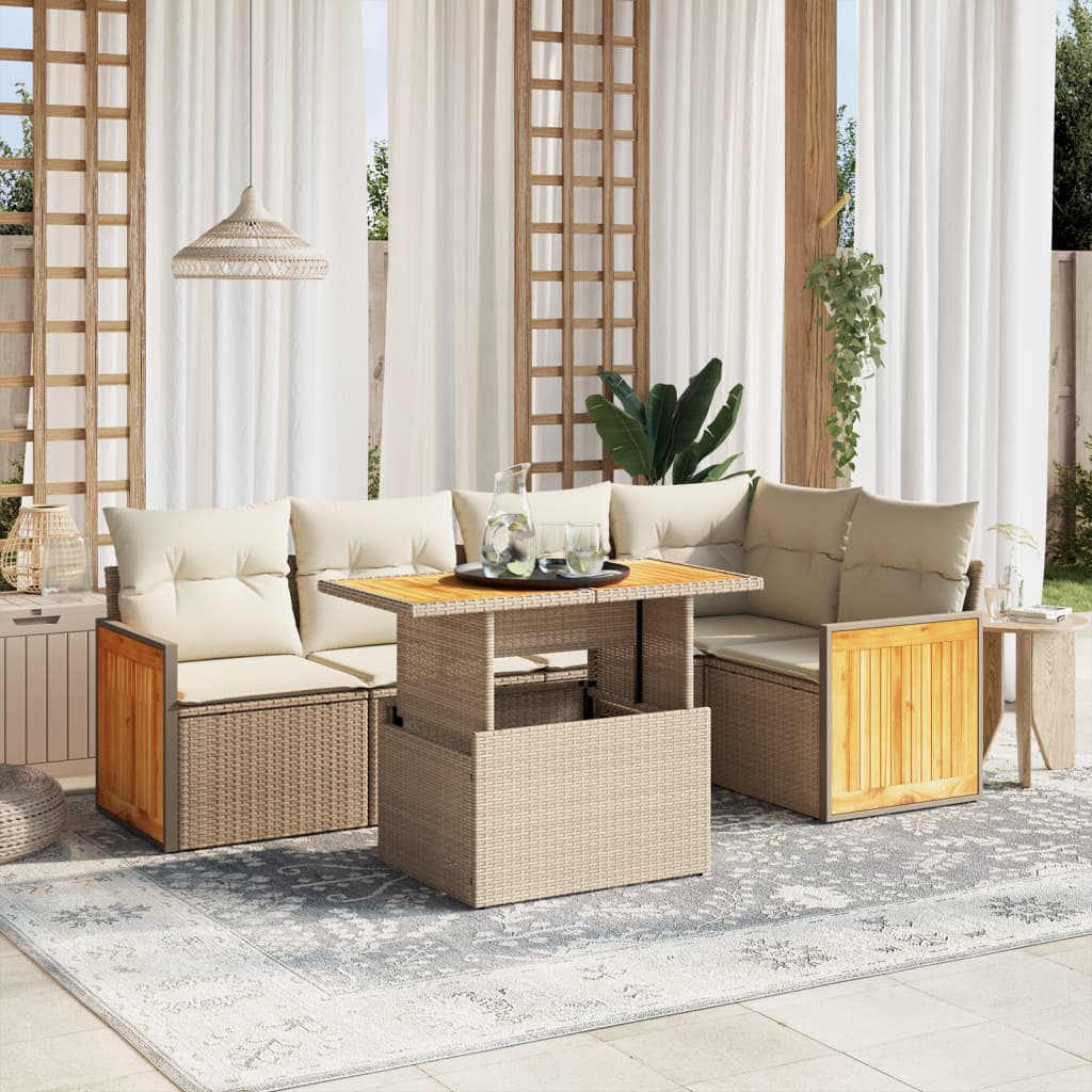 6-tlg. Garten-Sofagarnitur mit Kissen Beige Poly Rattan