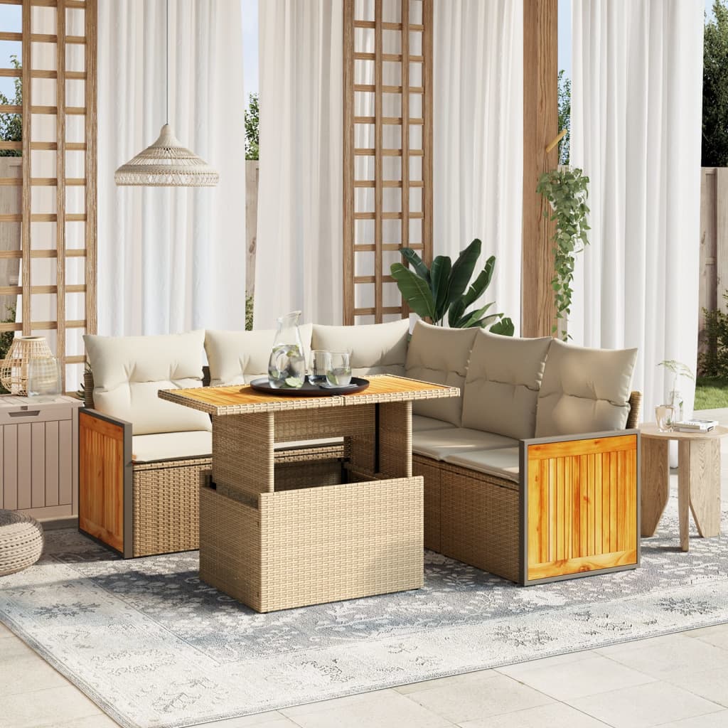6-tlg. Garten-Sofagarnitur mit Kissen Beige Poly Rattan