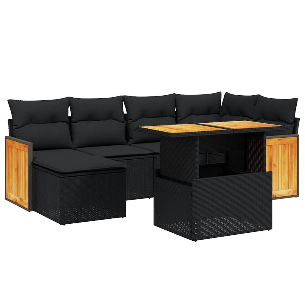 7-tlg. Garten-Sofagarnitur mit Kissen Schwarz Poly Rattan