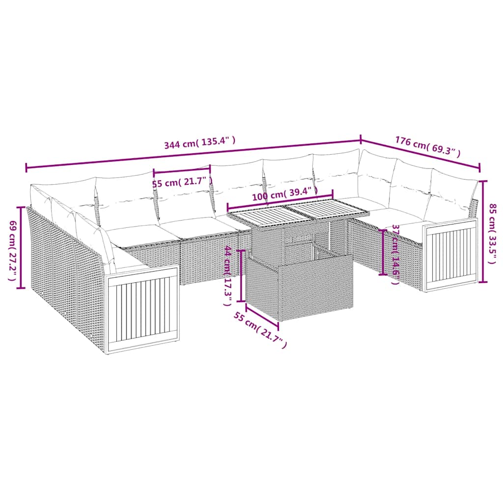 11-tlg. Garten-Sofagarnitur mit Kissen Schwarz Poly Rattan