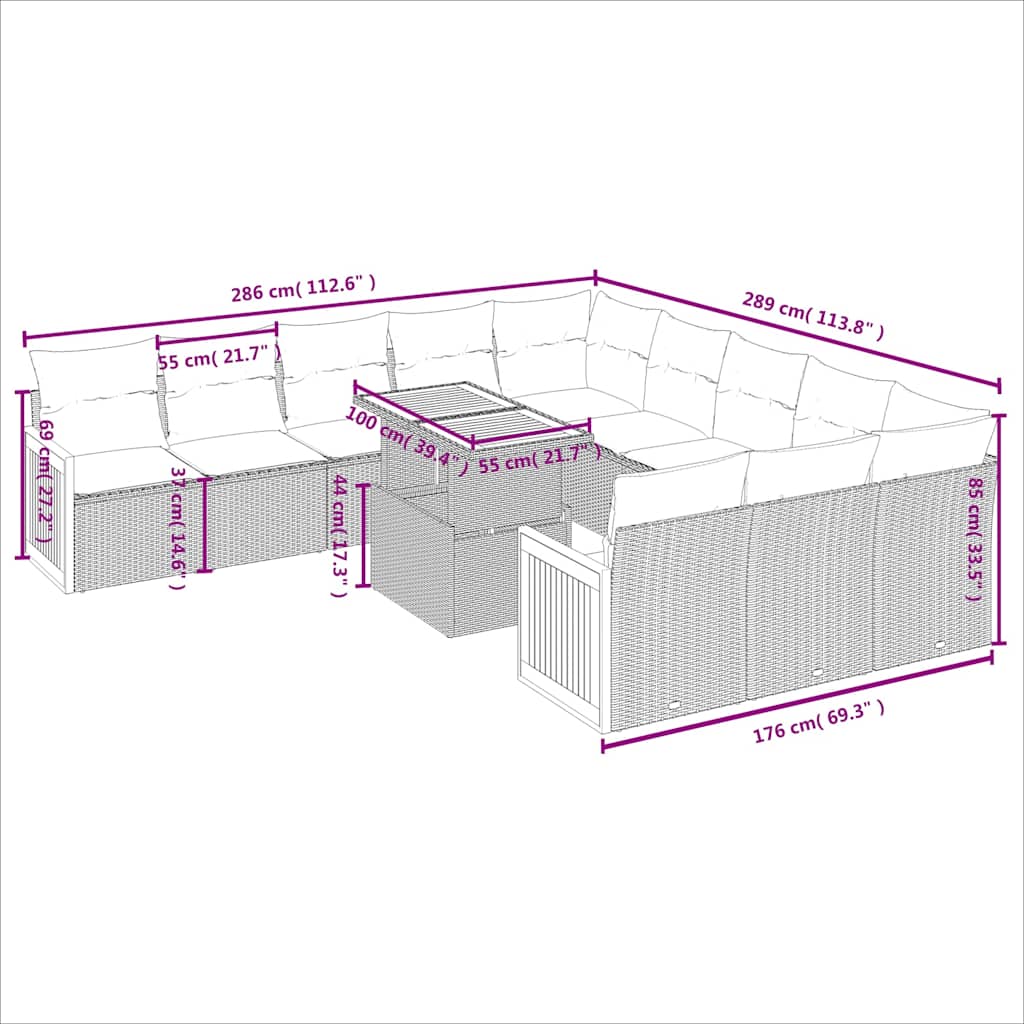 11-tlg. Garten-Sofagarnitur mit Kissen Schwarz Poly Rattan