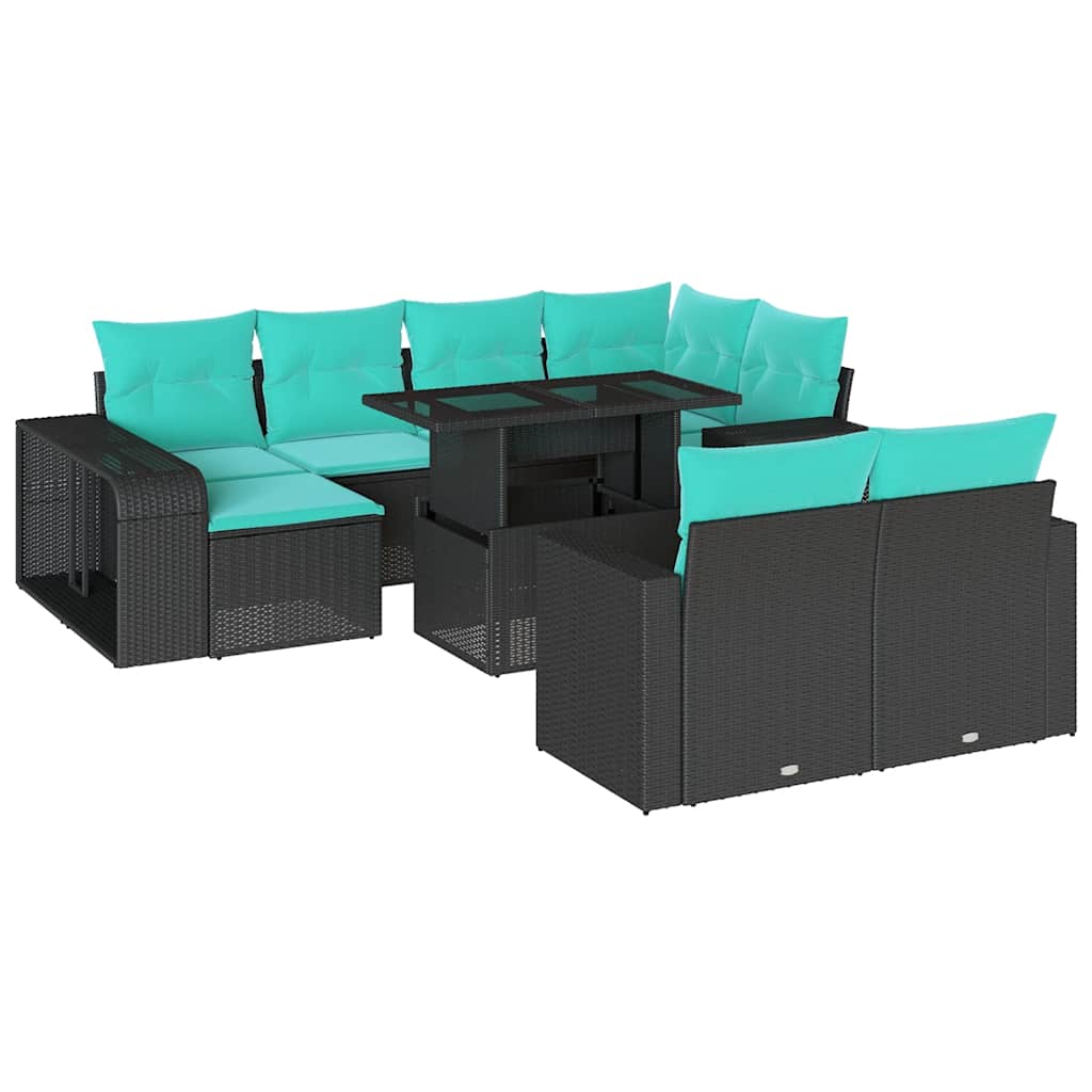 11-teiliges Gartensofa-Set mit Kissen, schwarzes Polyrattan