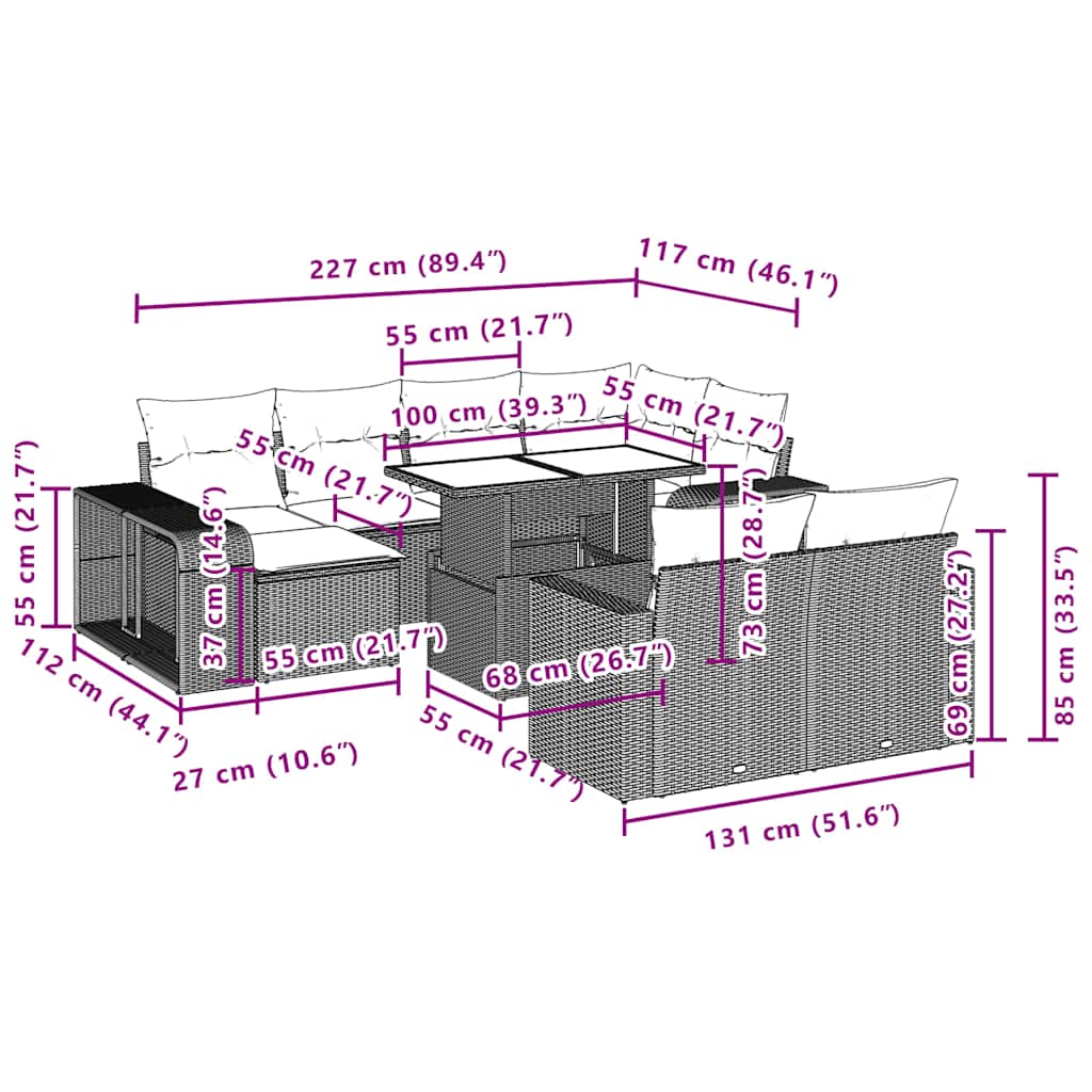 11-tlg. Garten-Sofagarnitur mit Kissen Braun Poly Rattan