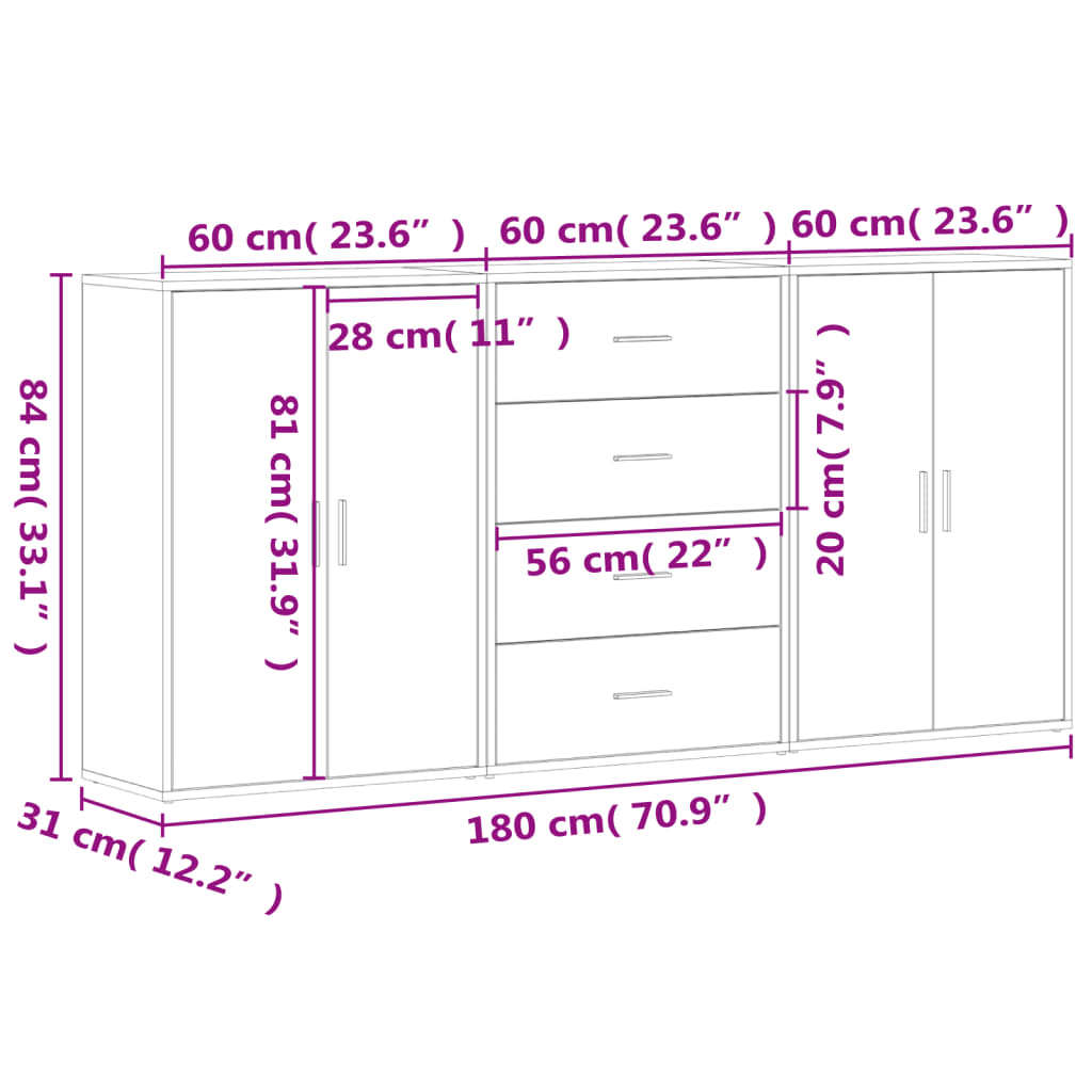 Sideboards 3 Stk. Sonoma-Eiche 60x31x84 cm Holzwerkstoff