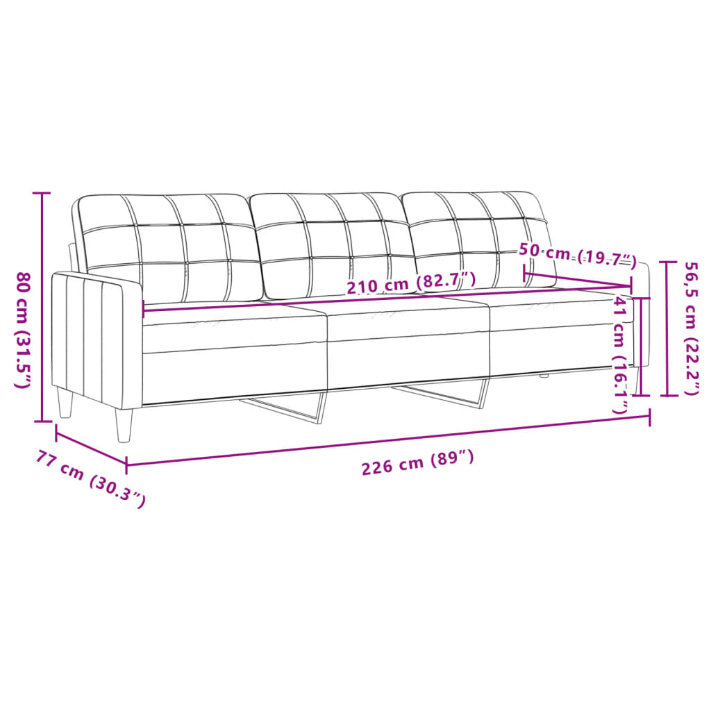 Canapé 3 places tissu gris clair 210 cm