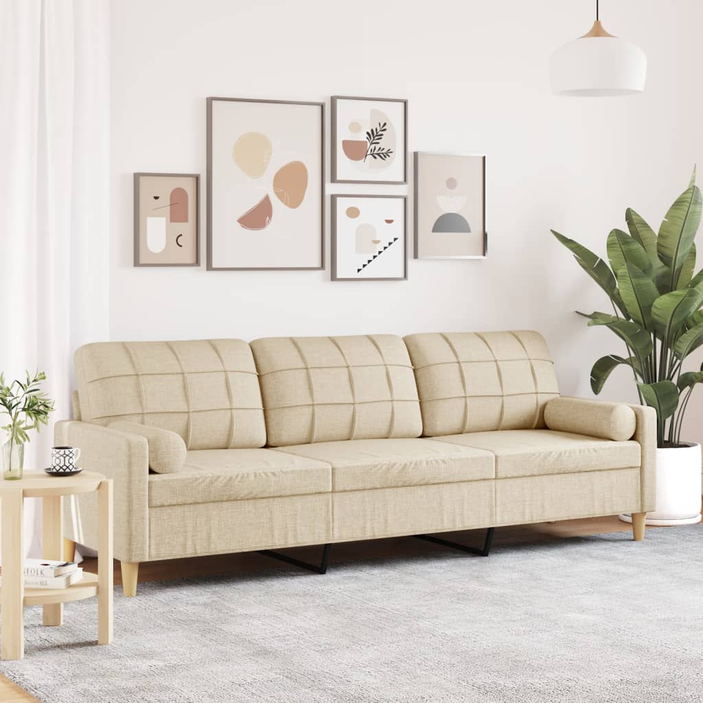 3-seater sofa with decorative cushions cream 210 cm fabric
