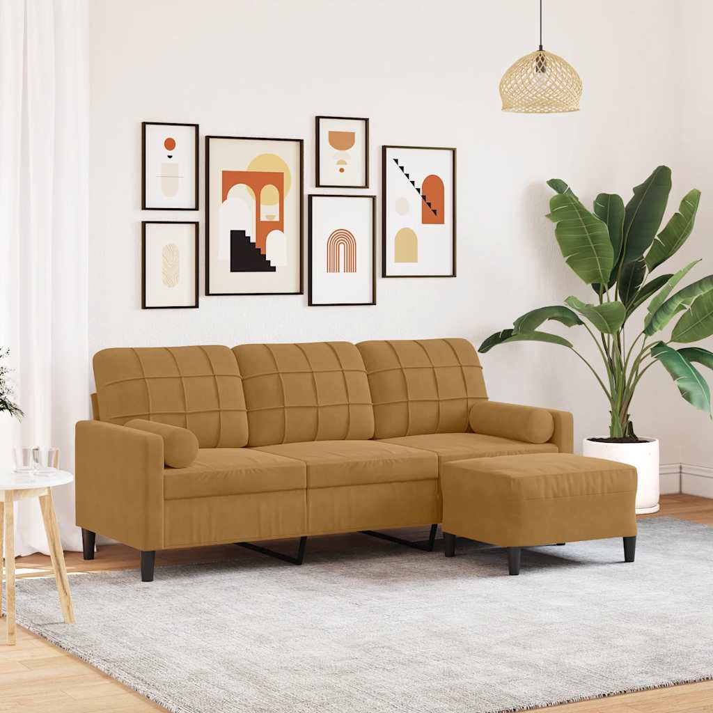 3-Sitzer-Sofa mit Hocker Braun 180 cm Samt