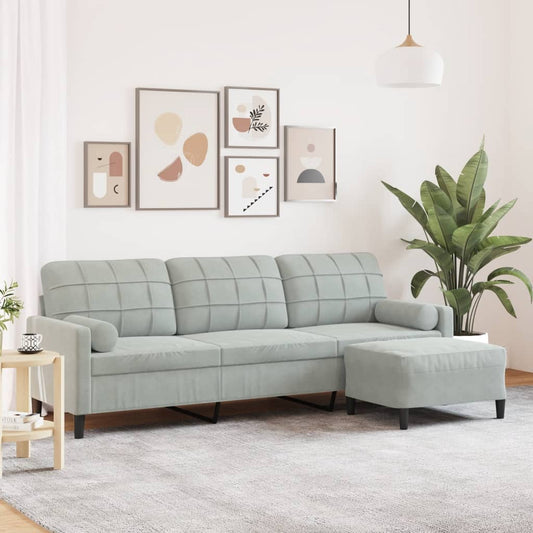 3-seater sofa with footstool light grey 210 cm velvet