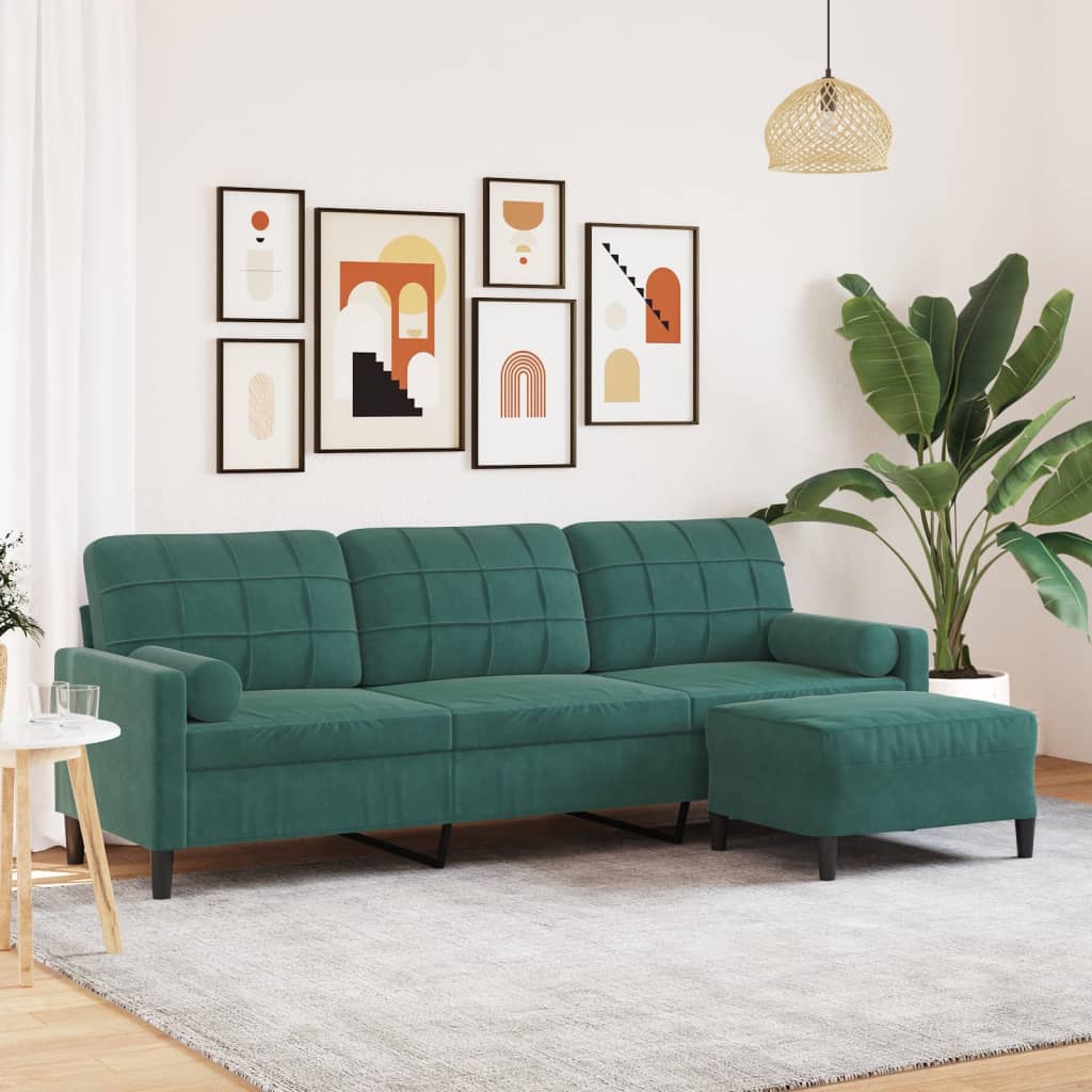 3-seater sofa with footstool dark green 210 cm velvet