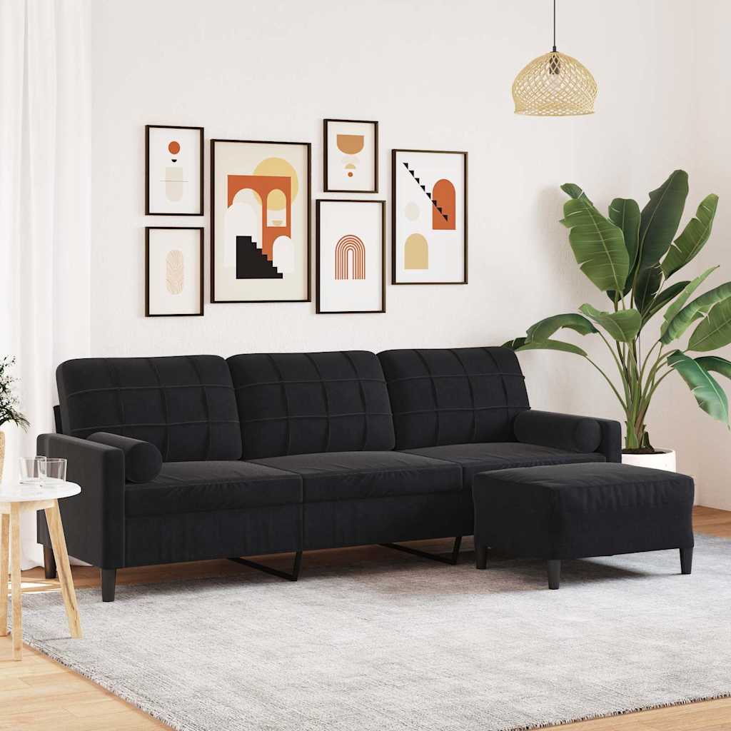 3-Sitzer-Sofa mit Hocker Schwarz 210 cm Samt