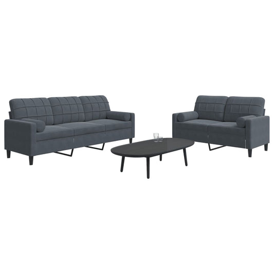 2-piece sofa set with cushions and neck rolls in dark grey velvet