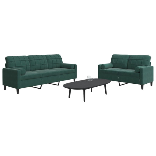 2-piece sofa set with cushions and neck rolls in dark green velvet