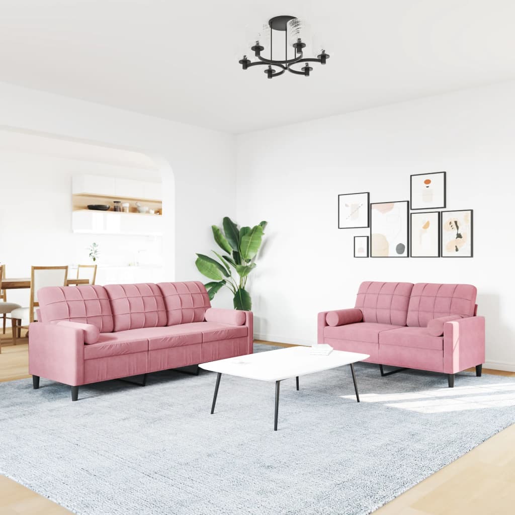 2-tlg. Sofagarnitur mit Kissen und Nackenrollen Rosa Samt