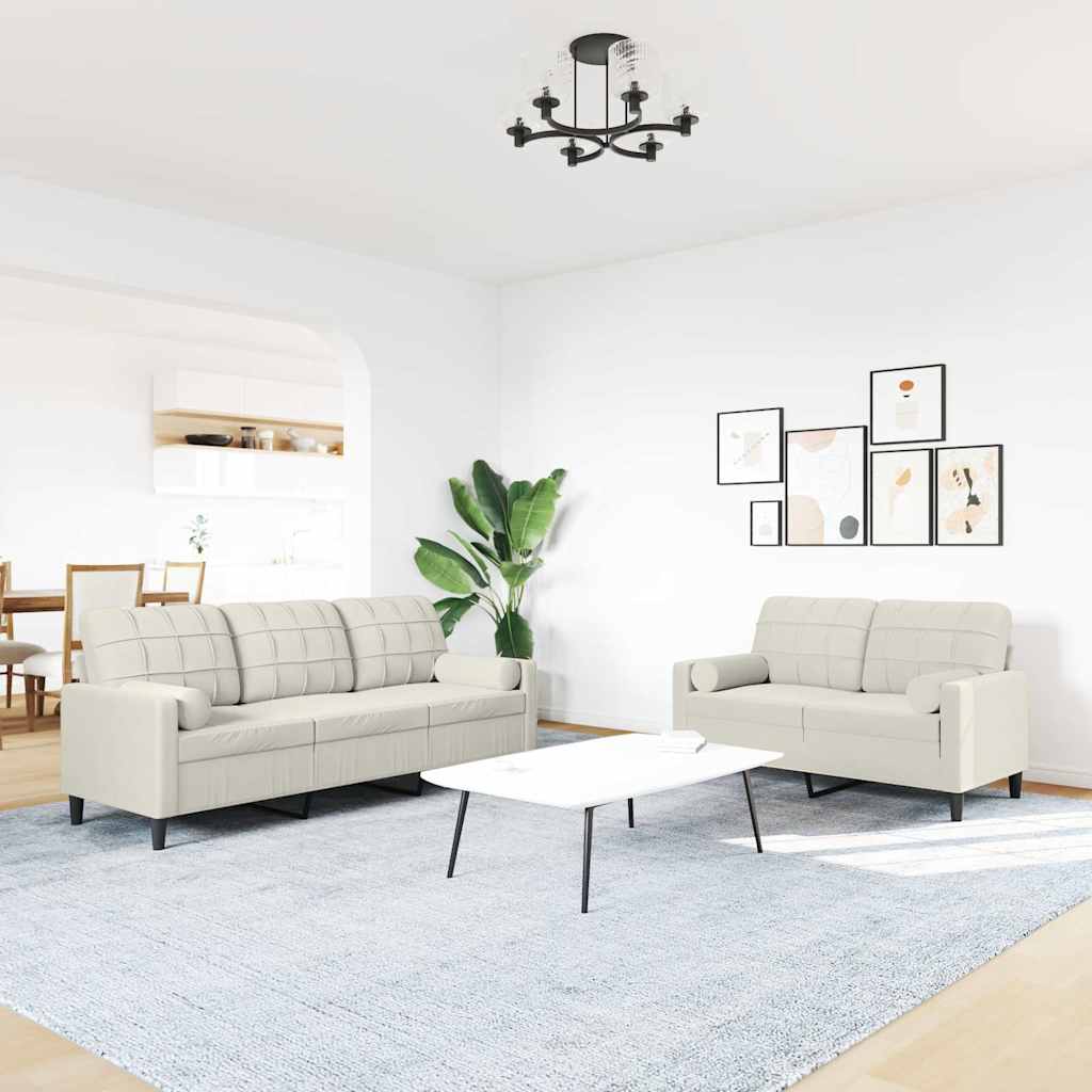 2-tlg. Sofagarnitur mit Kissen und Nackenrollen Creme Samt