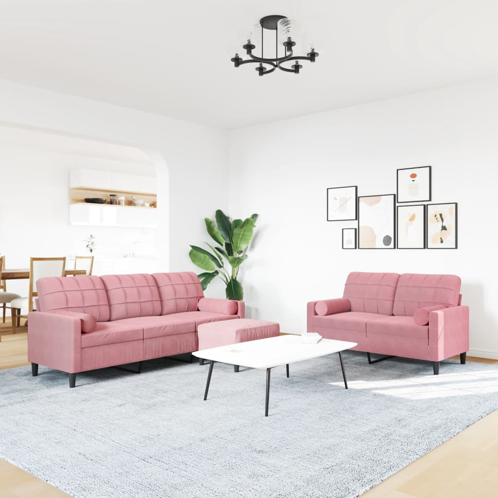 3-tlg. Sofagarnitur mit Kissen und Nackenrollen Rosa Samt