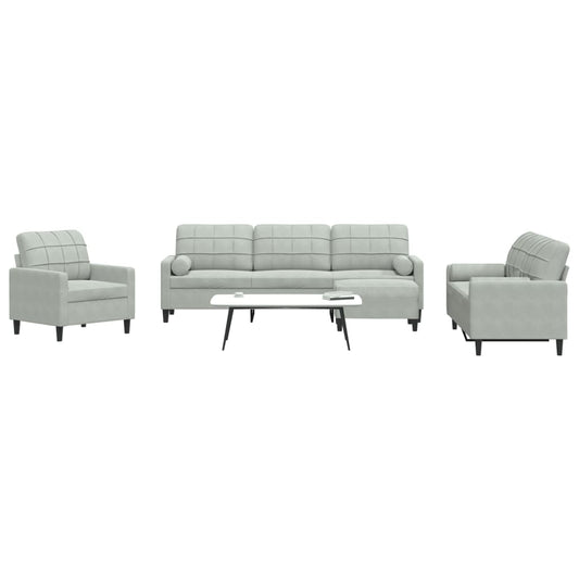 4-piece sofa set with cushions and neck rolls in light grey velvet