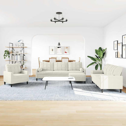 4-tlg. Sofagarnitur mit Kissen und Nackenrollen Creme Samt