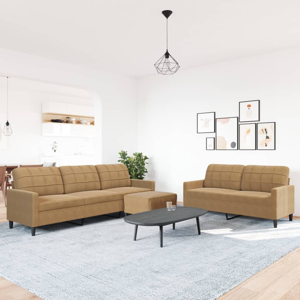 3-tlg. Sofagarnitur mit Kissen Braun Samt