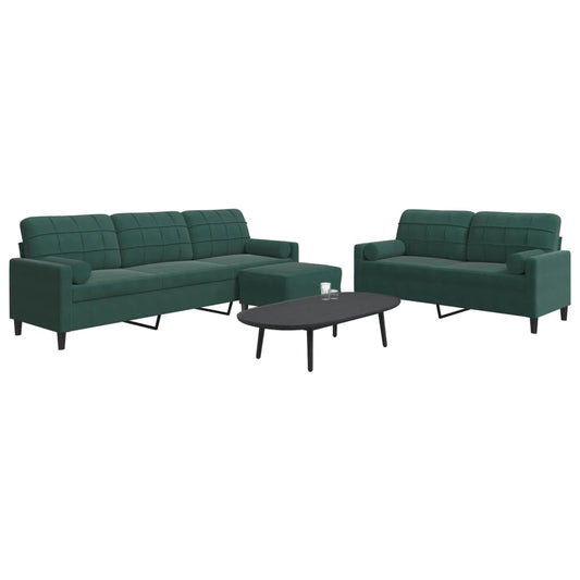 3-piece sofa set with cushions and neck rolls in dark green velvet