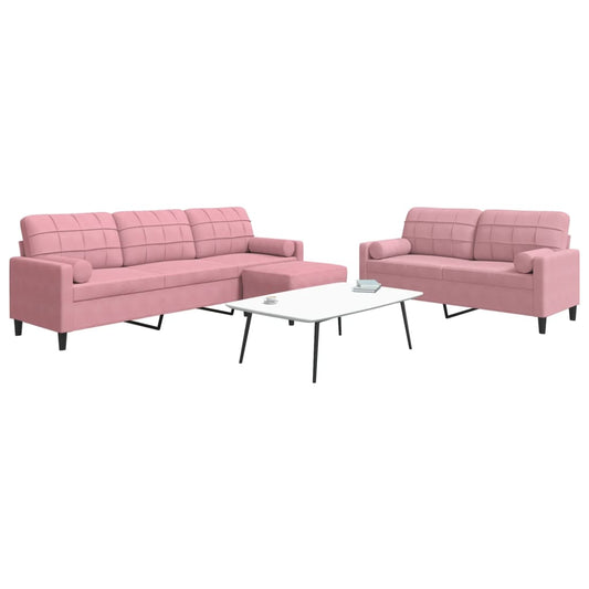 Ensemble de canapé 3 pièces avec coussins et traversins en velours rose