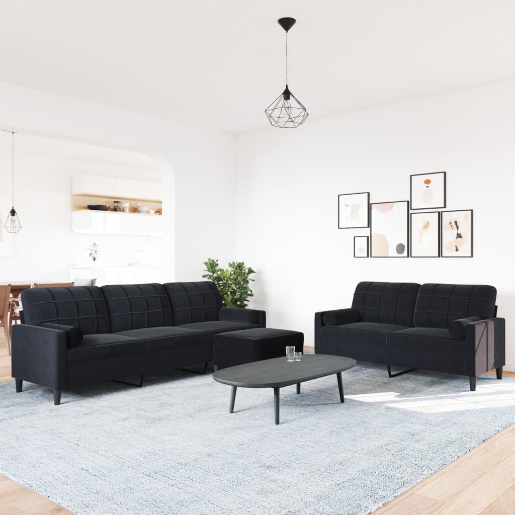 3-tlg. Sofagarnitur mit Kissen und Nackenrollen Schwarz Samt