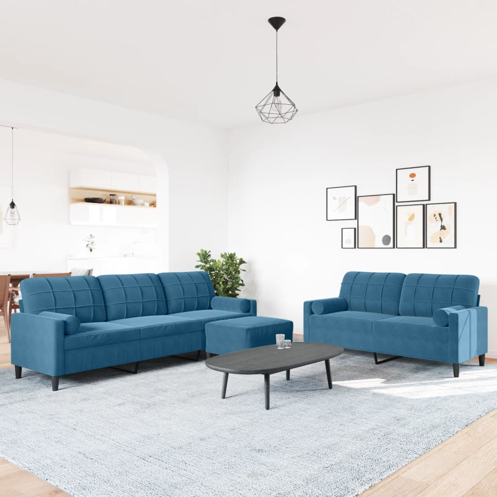 3-tlg. Sofagarnitur mit Kissen und Nackenrollen Blau Samt