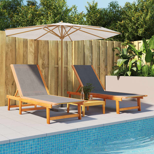 Chaises longues, lot de 2, en bois d'acacia massif noir et textilène