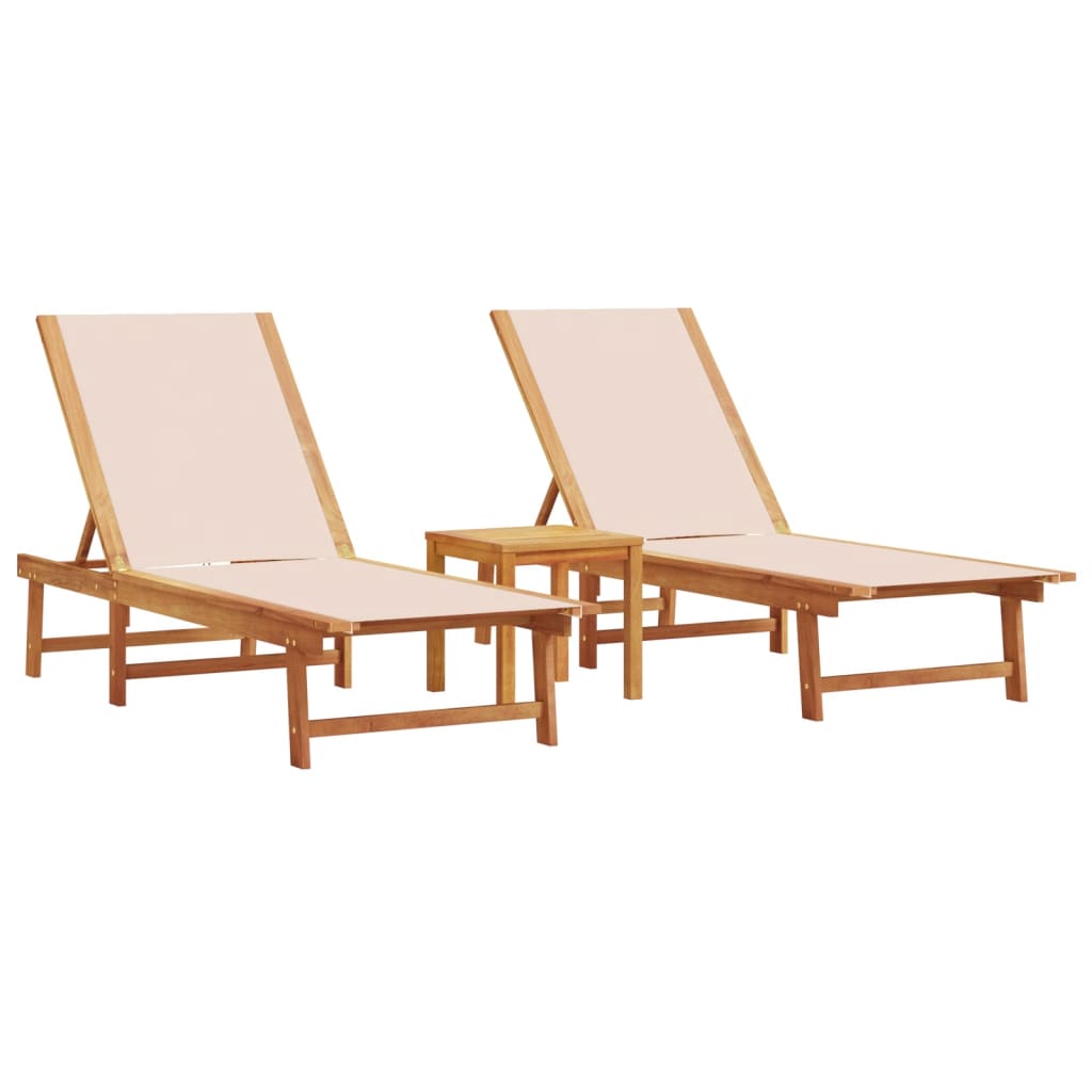 Chaises longues 2 pièces avec table en bois massif d'acacia crème textilène