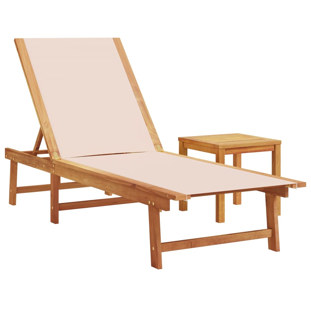 Chaises longues 2 pièces avec table en bois massif d'acacia crème textilène