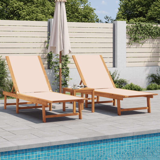 Chaises longues 2 pièces avec table en bois massif d'acacia crème textilène