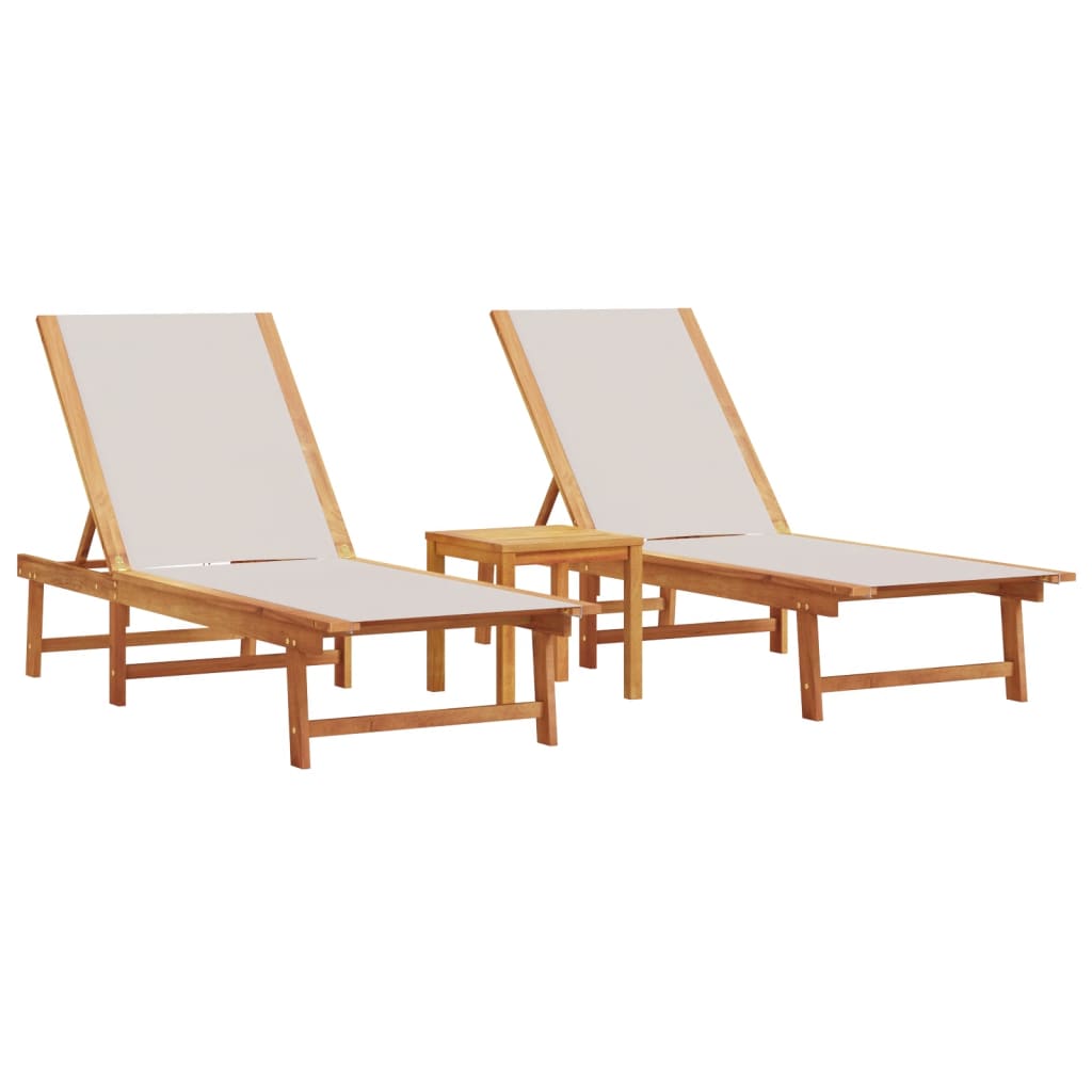 Chaises longues 2 pièces avec table en bois massif d'acacia gris textilène