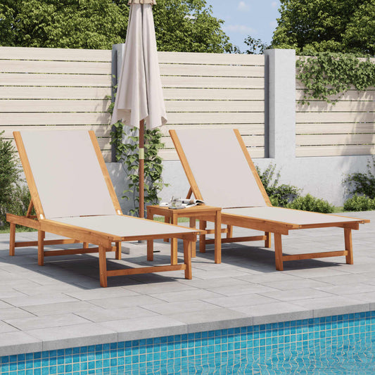 Chaises longues 2 pièces avec table en bois massif d'acacia gris textilène
