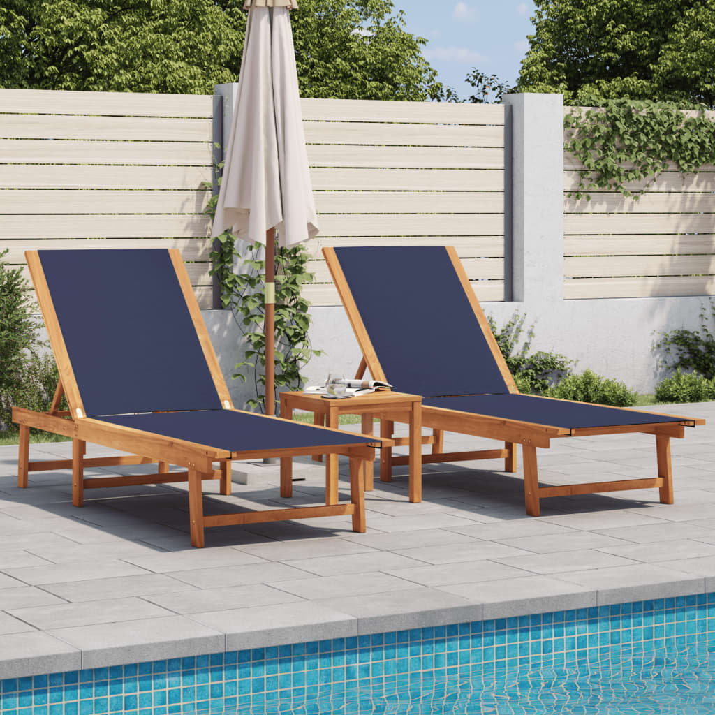 Chaises longues 2 pièces avec table en bois massif d'acacia bleu textilène