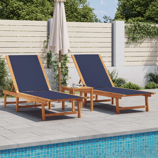 Chaises longues 2 pièces avec table en bois massif d'acacia bleu textilène