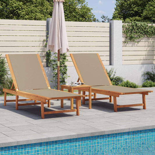 Chaises longues 2 pièces avec table en bois massif d'acacia taupe et textilène