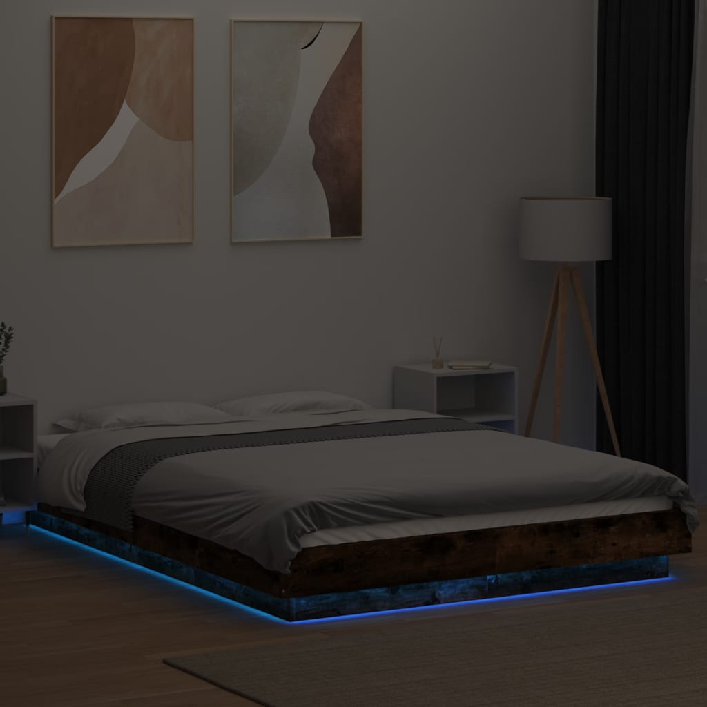 Bed frame with LED smoked oak 120x200cm wood material