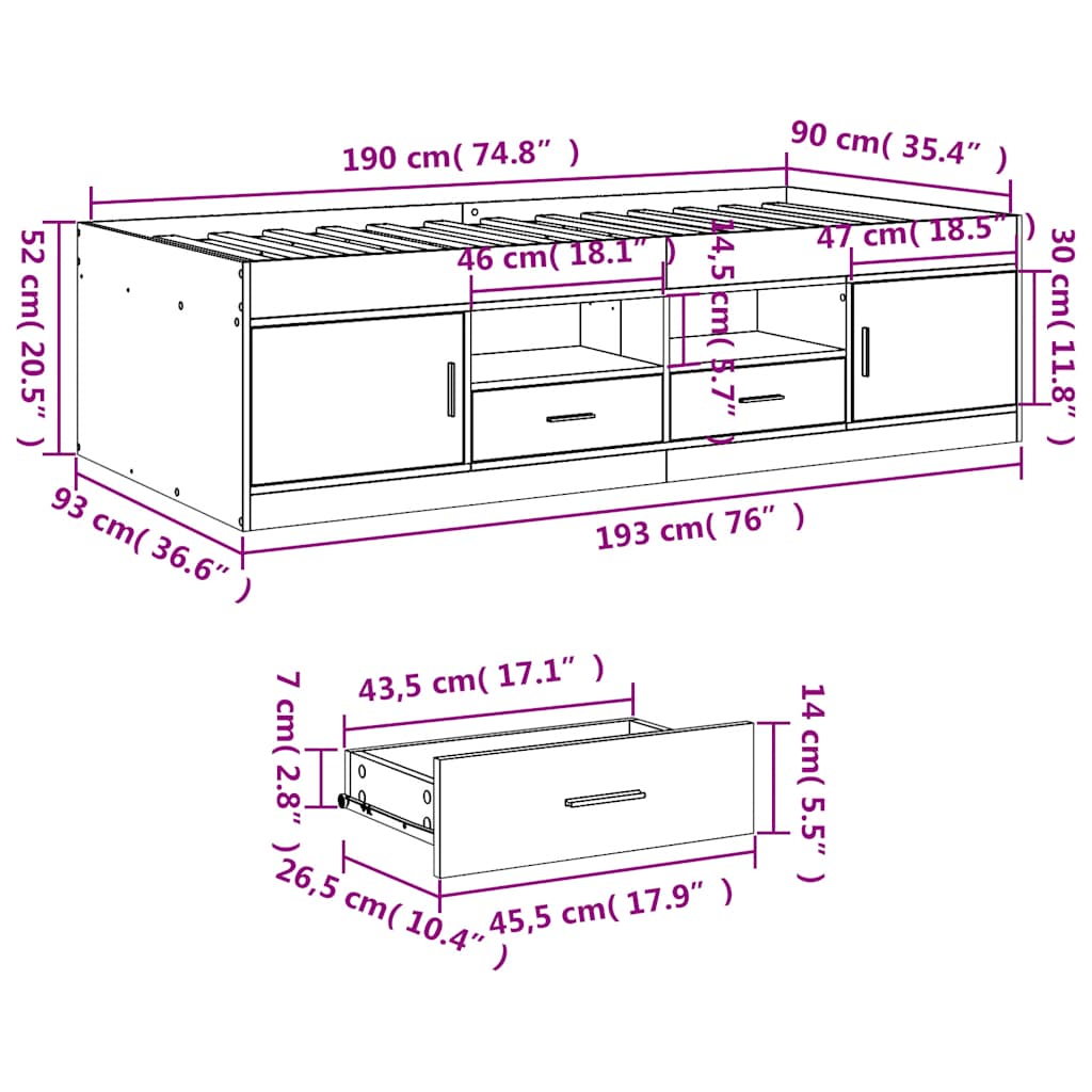 Tagesbett mit Schubladen ohne Matratze Sonoma-Eiche 90x190 cm