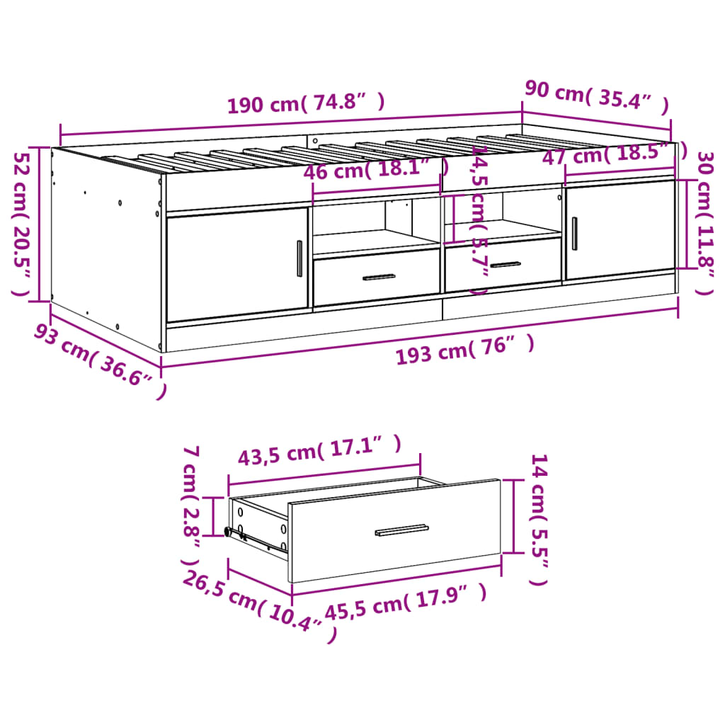 Tagesbett mit Schubladen ohne Matratze Sonoma-Eiche 90x190 cm