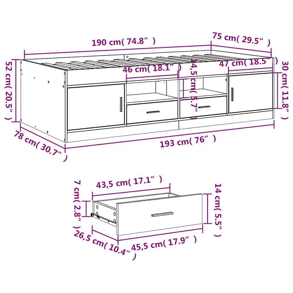 Tagesbett mit Schubladen ohne Matratze Sonoma-Eiche 75x190 cm