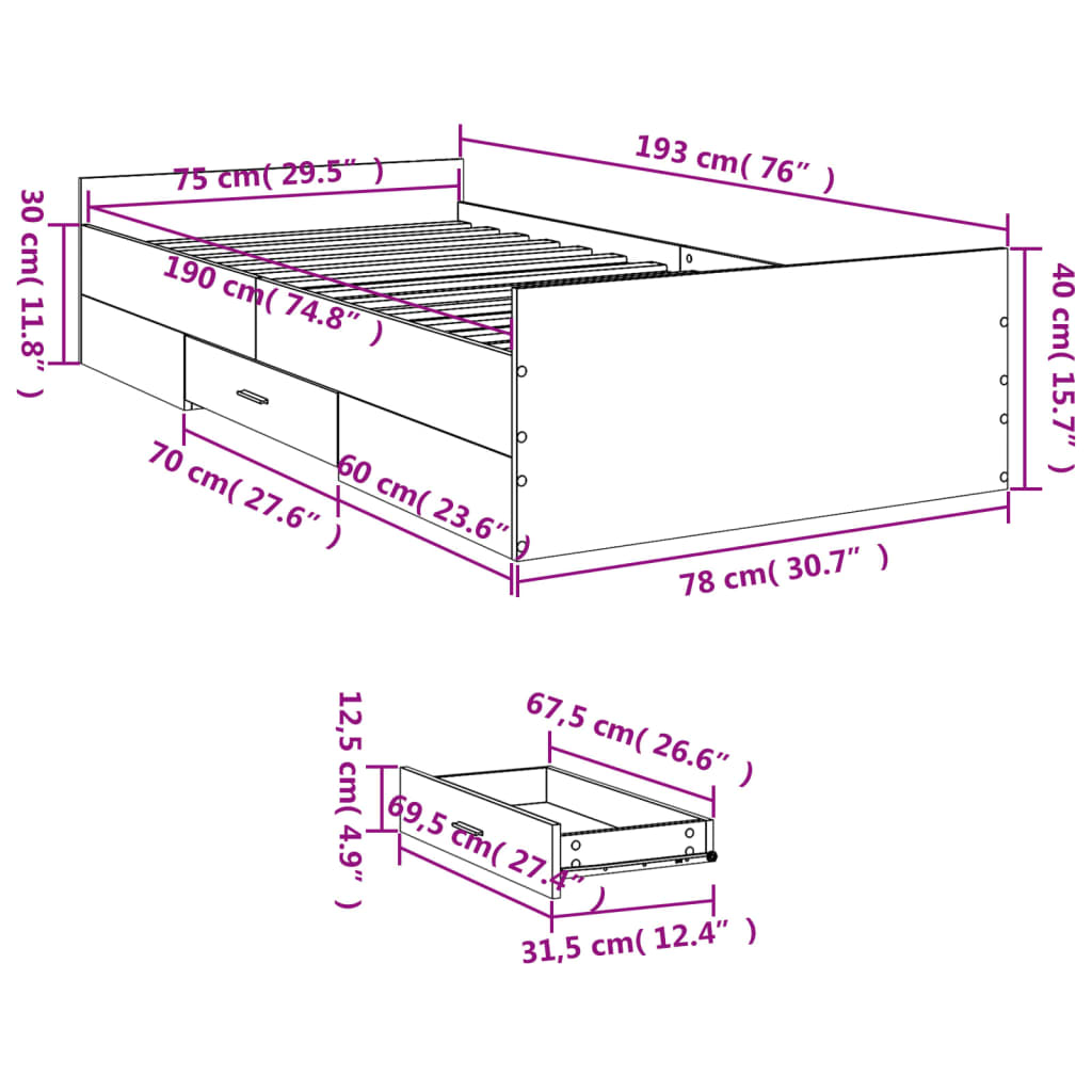 Bettgestell mit Schubladen Sonoma-Eiche 75x190 cm Holzwerkstoff