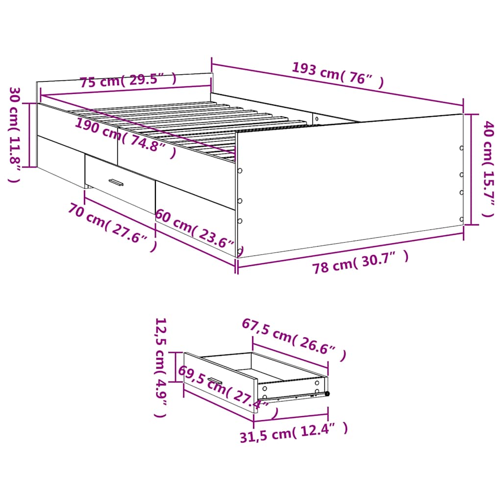 Bettgestell mit Schubladen Grau Sonoma 75x190 cm Holzwerkstoff