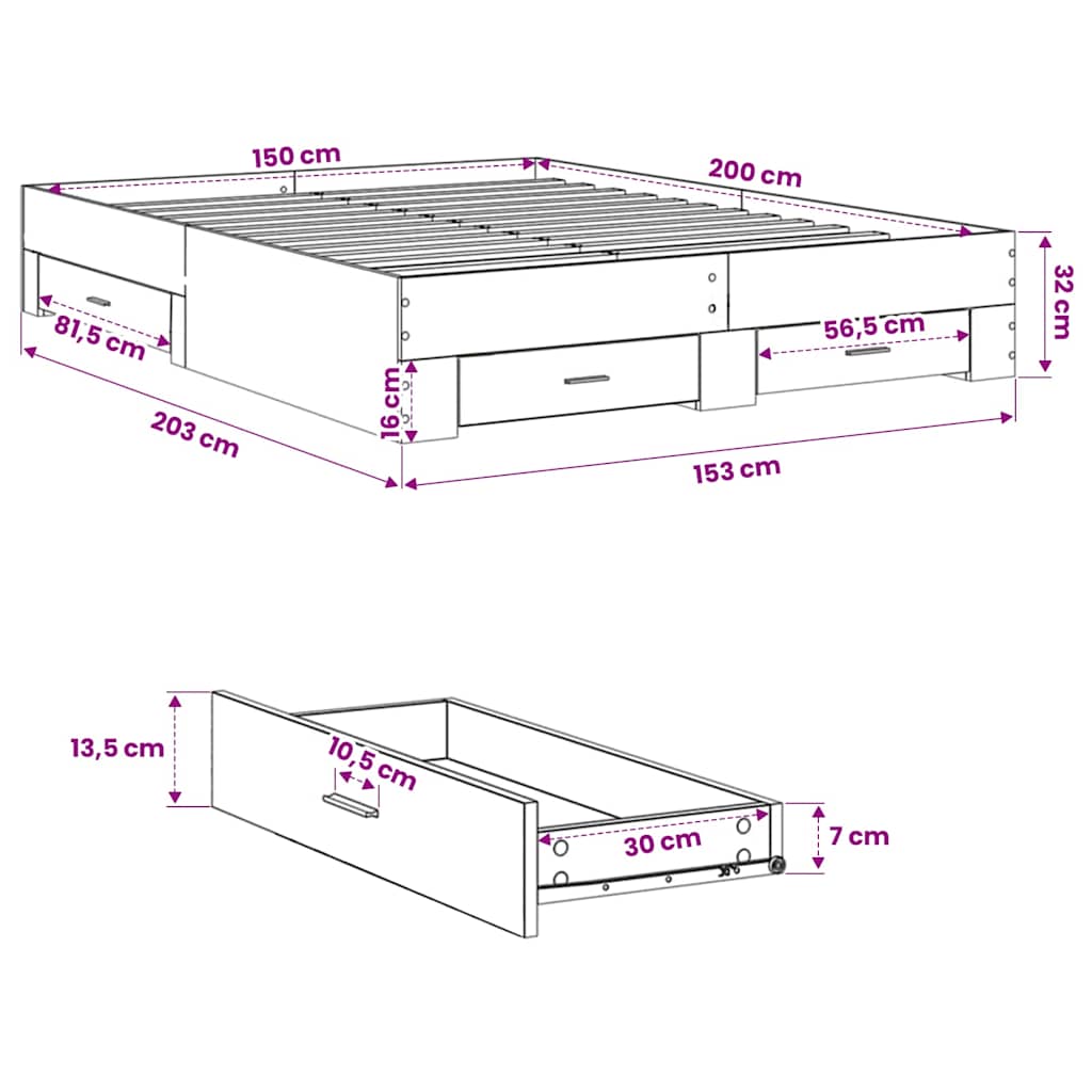Bettgestell mit Schubladen Grau Sonoma 150x200 cm Holzwerkstoff