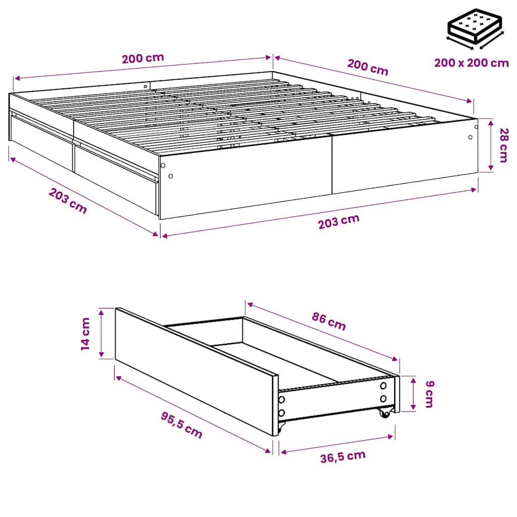 Bettgestell mit Schubladen Sonoma-Eiche 200x200cm Holzwerkstoff