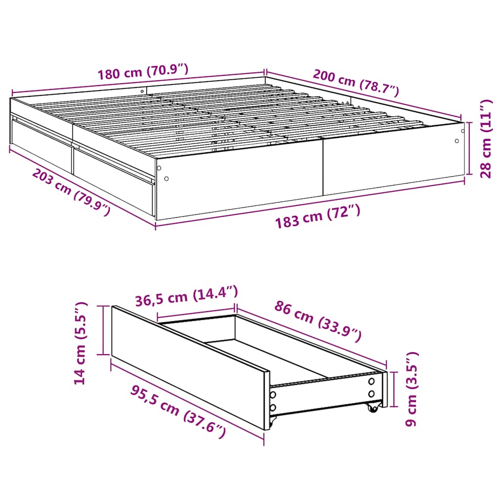 Bettgestell mit Schubladen Sonoma-Eiche 180x200cm Holzwerkstoff