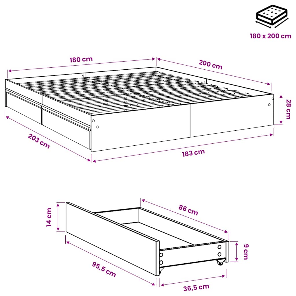Bettgestell mit Schubladen Betongrau 180x200 cm Holzwerkstoff