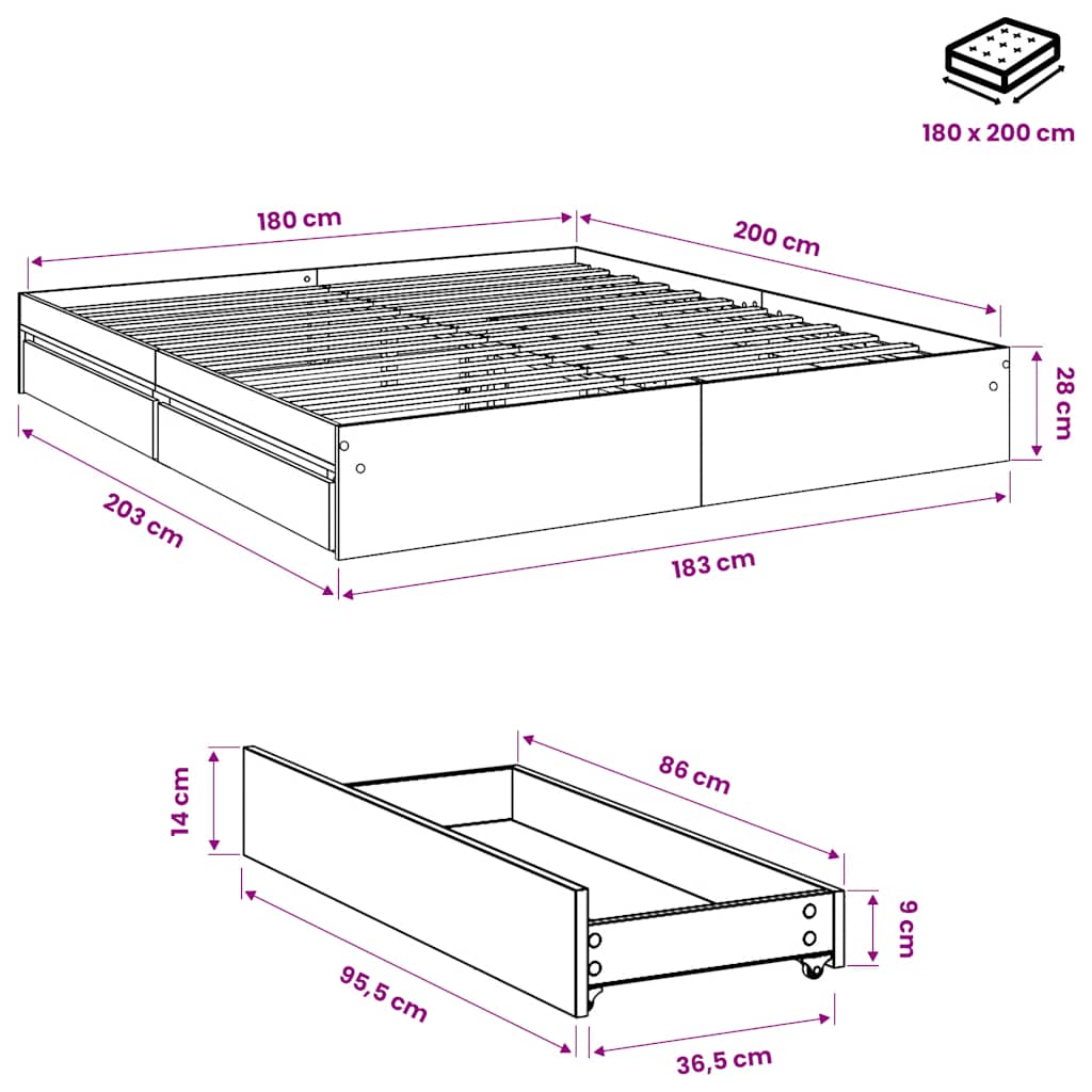 Bettgestell mit Schubladen Grau Sonoma 180x200cm Holzwerkstoff
