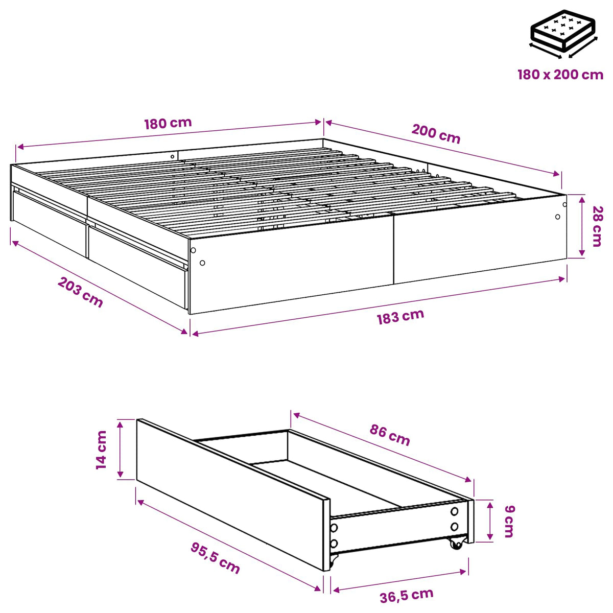 Bettgestell mit Schubladen Grau Sonoma 180x200cm Holzwerkstoff