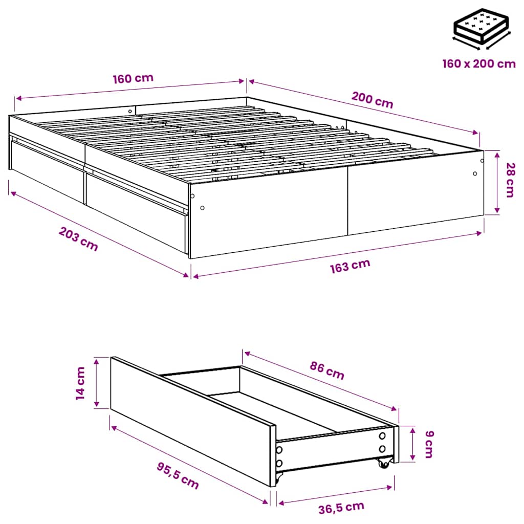 Bettgestell mit Schubladen Sonoma-Eiche 160x200cm Holzwerkstoff