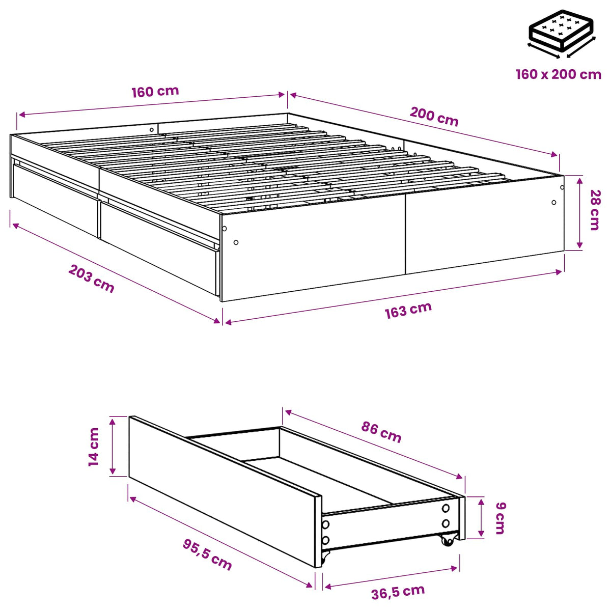 Bettgestell mit Schubladen Sonoma-Eiche 160x200cm Holzwerkstoff
