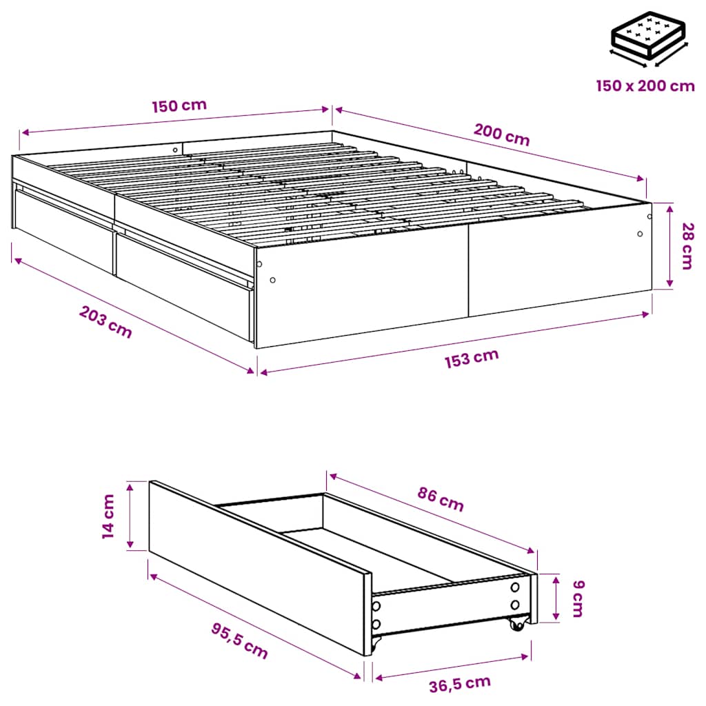 Bettgestell mit Schubladen Grau Sonoma 150x200 cm Holzwerkstoff